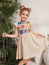 Young Girl's Knitted Solid Color Round Neck Cap Sleeve Crochet Patchwork Casual Dress